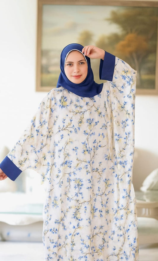 إسدال فسكوز معالج – أبيض مزين بالزهور الزرقاء